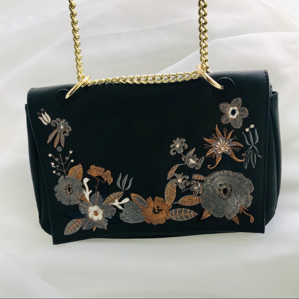 Black Floral Embroidered Over the Shoulder Bag